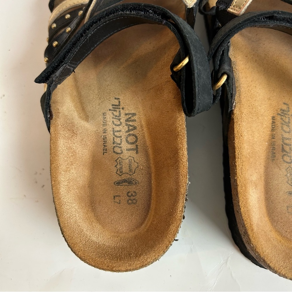NOAT PRESCOTT Slide Sandal Leather Black/Gold Cork Wedge US 7 EU 38 - Picture 11 of 12